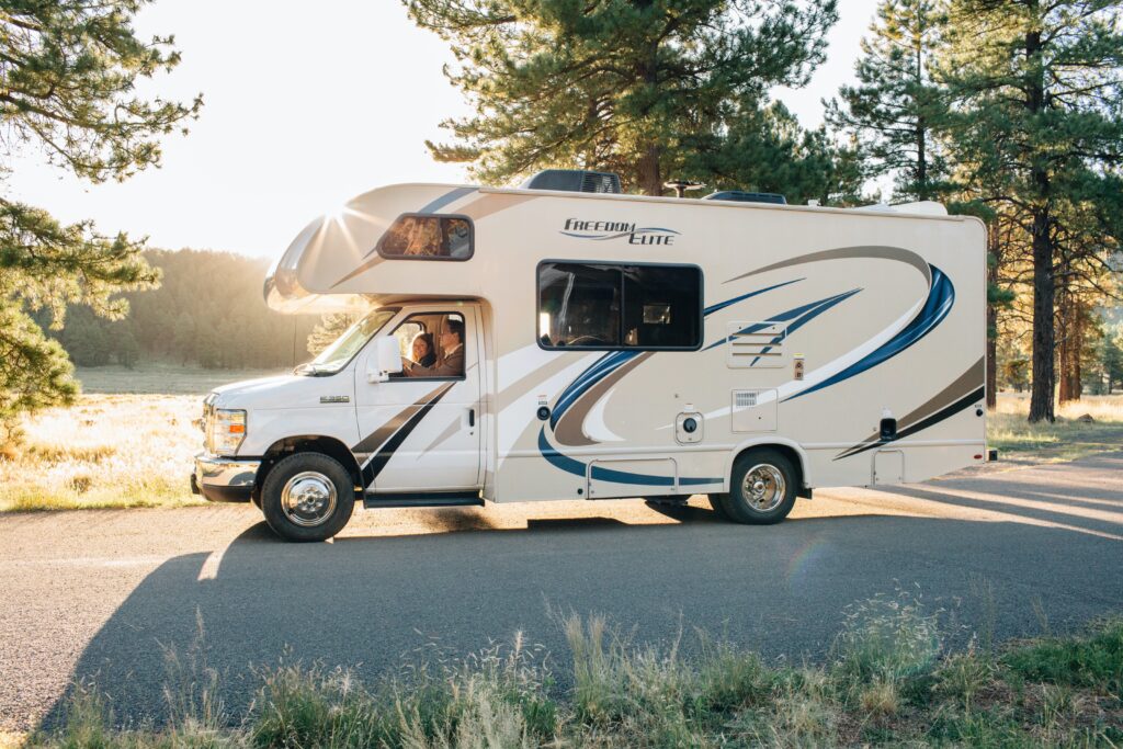 Detailed motorhome traveling in the mountains